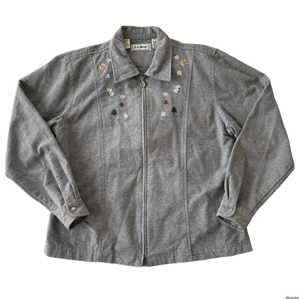 L.L. Bean Vintage Women's Gray Zip Jacket Floral Embroidery 100% Cotton Sz 12